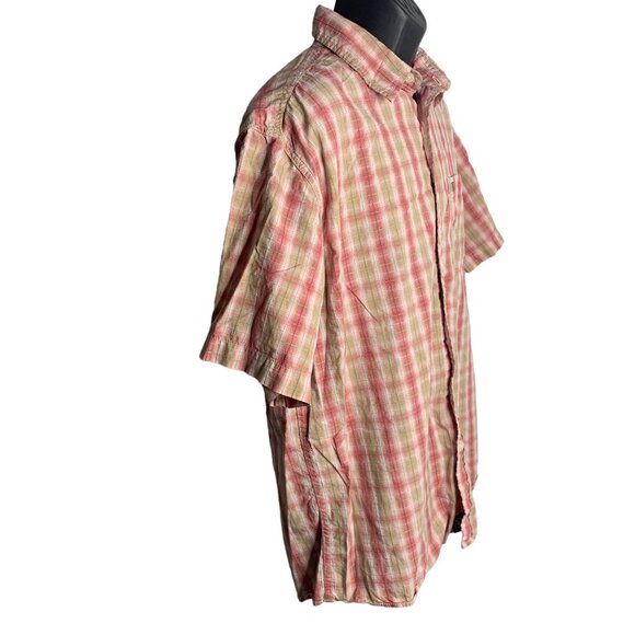 Aigle Button Up Short Sleeve Shirt L Pink Plaid Chest Pocket Collared Cotton - Picture 5 of 6